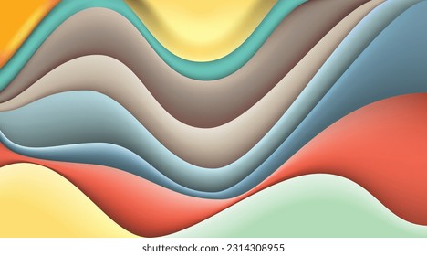 Abstract papercut fluid 3d shapes vector trendy liquid colors background. Colored fluid depth of field graphic composition