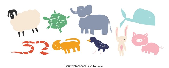 Abstrato, papel engraçado conjunto de animal, simples e bonito para o garoto. Cobra, pássaro, baleia, peixe, tartaruga, elefante, gato, gatinho, coelho, cordeiro, ovelha, porco., ideias criativas	
