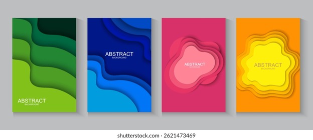 Abstract papercut poster,cards, banner seamless pattern collection. Colorful wave flayer cover background set with geometric textures and nature environment shapes. minimalist, trendy, modern backdrop