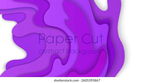 Abstract papercut topography on white background. Vector realistic illustration of presentation template with cutout purple and lilac layers, topographic origami pattern, color gradient wave effect