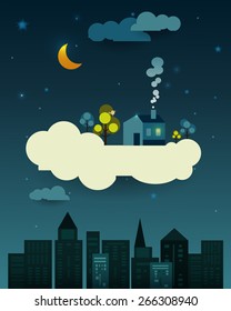 Abstract paper-fantasy home sweet home -moon with stars-cloud and sky at night .Blank space for design