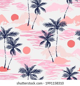 Abstract paradise island seamless pattern. Tropics background with sunset sea, exotic islands, palm trees silhouettes, grunge brush stroke texture. Hand drawn vector art illustration for summer design