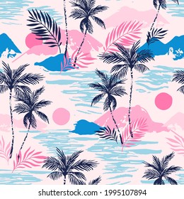 Abstract paradise island seamless pattern. Tropics background with sunset sea, exotic islands, palm trees silhouettes, grunge brush stroke texture. Hand drawn vector art illustration for summer design