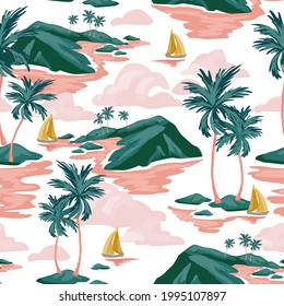 Abstract Paradise Island Seamless Pattern. Tropics Background With Sailing Boats, Exotic Islands, Palm Trees Silhouettes, Ocean Sea Waves Texture. Hand Drawn Vector Art Illustration For Summer Design