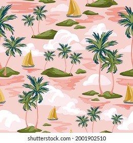 Abstract paradise island seamless pattern. Tropics background with sailing boats, exotic islands, palm trees silhouettes, ocean sea waves texture. Hand drawn vector art illustration for summer design