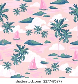 Abstract paradise island seamless pattern. Tropics background with sailing boats, exotic islands, palm trees silhouettes, ocean sea waves texture. Hand drawn vector art illustration for summer design