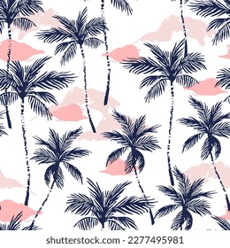 Abstract paradise island seamless pattern. Tropics background with sea, exotic islands, palm trees silhouettes, grunge brush stroke texture. Hand drawn vector art illustration for summer design