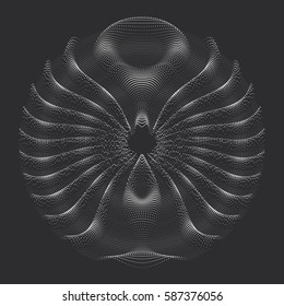 Abstract parametric pattern made of dots. Distorted wavy shape. Disk composed of concentric circles with moire effect. Dotted halftone vector texture