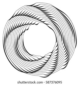 Abstract parametric pattern made of dots. Distorted wavy shape. Ring composed of concentric circles with moire effect. Dotted halftone vector texture