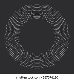 Abstract parametric pattern made of dots. Distorted wavy shape. Ring composed of concentric circles with moire effect. Dotted halftone vector texture