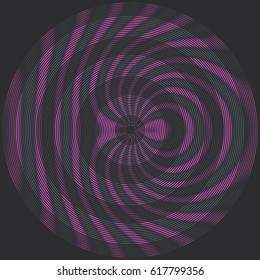 Abstract parametric pattern made of dots. Distorted wavy shape. Disk composed of concentric circles with moire effect. Dotted halftone vector texture