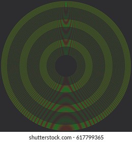 Abstract parametric pattern made of dots. Distorted wavy shape. Disk composed of concentric circles with moire effect. Dotted halftone vector texture