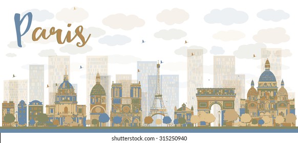 Abstract Paris skyline with color landmarks. Vector illustration. Business travel and tourism concept with historic buildings. Image for presentation, banner, placard and web site.