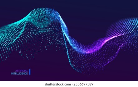 Abstract particle background. Sound wave with flowing dotted landscape. Big data ai connect structure. Grid mesh futuristic style. Pattern point vector technology.