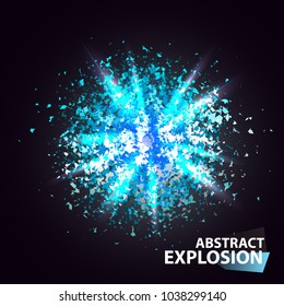 Abstract particle explosion. Power cold water, frost ice blast. Magic energy motion vector illustration