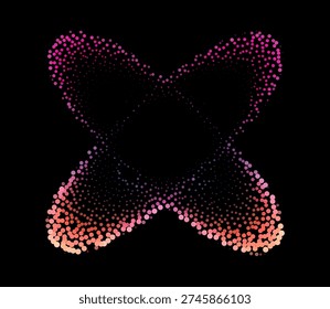 Abstract particle formation creating a symmetrical butterfly or infinity-like shape with dense dot clusters in gradient from pink to purple to orange on black background, evoking energy flow and digital wave patterns. Conceptual vector illustration for quantum entanglement, particle physics, data visualization, abstract energy fields, futuristic connectivity, and modern digital art themes in vibrant gradient dot matrix style.