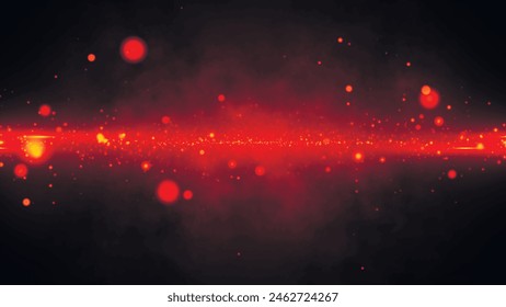 Abstract particle movement on a neon red background. Animation of fast moving bright fire particles on a dark background. Space background. 3D vector.