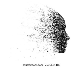 Abstract particle silhouette of a human face in profile, dissolving dots, vector illustration