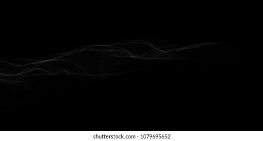 Abstract particle wave on dark background. Vector 3d wave. Point wave.