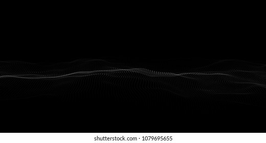 Abstract particle wave on dark background. Vector 3d wave. Point wave.