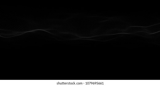 Abstract particle wave on dark background. Vector 3d wave. Point wave.