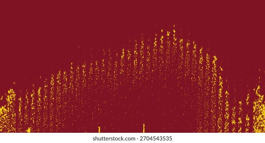 Abstract particle wave pattern with yellow spark-like dots forming a rising curve over a deep maroon background, creating a digital noise and motion effect.