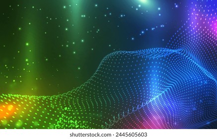Abstract particle wave science and technology background. 3d abstract sci-fi user interface with dots and lines. Digital landscape, cyberspace,high tech. Big data. Artificial intelligence. Tech Vector