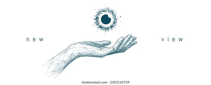 Partículas abstractas icono de ojos sobre la mano baja abierta en el estilo de tecnología futurista aislado en fondo blanco. Pancarta oftalmológica o anatomía o concepto de negocios de visión. Béisbol digital. Vector