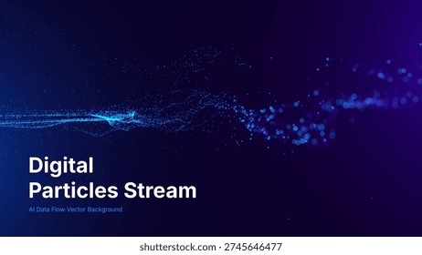 Abstract Particles Flow Science Research Presentation Background. Dynamic Digital Particle Stream Abstract AI Data Flow Concept for Tech, Science and Innovation Design. Vector Illustration.