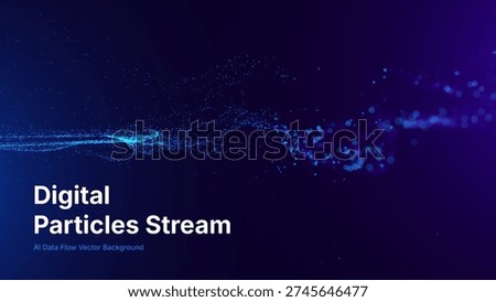 Abstract Particles Flow Science Research Presentation Background. Dynamic Digital Particle Stream Abstract AI Data Flow Concept for Tech, Science and Innovation Design. Vector Illustration.
