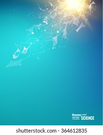 Abstract particles over blue background with shining sparks. Light background of atom for science design. Vector illustration.
