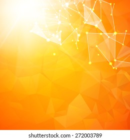 Abstract particles over orange background with shining sparks. Vector illustration.