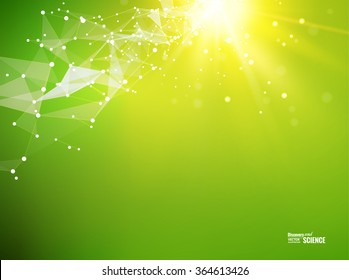 Abstract particles over orange background with shining sparks. Light background of atom for science design. Vector illustration.