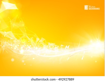 Abstract particles over orange background with shining sparks. Wire-frame mesh polygonal element. Wavy abstract orange background for your design. Vector illustration, contains transparencies.