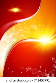 Abstract particles over orange background with shining sparks. Vector illustration.