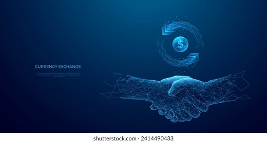 Abstract partnership, Best Deal, Investment Business finance concept. Digital handshake of partners, and exchange money symbol in light blue on technology background. 3D polygonal Vector illustration.