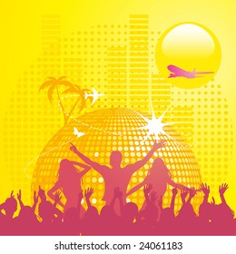 Abstract party background with crowd, dancers and disco ball