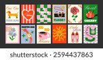 Abstract party posters in cartoon style 90s. Wall decor, bright banners of summer, disco, plants, cocktails in the minimalist style of Matisse. Decor of wallpaper, walls and postcards
