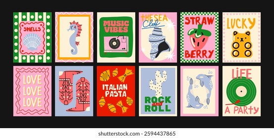 Abstract party posters in cartoon style 90s. Wall decor, bright banners of summer, disco, plants, cocktails in the minimalist style of Matisse. Decor of wallpaper, walls and postcards