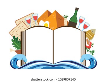 abstract Passover story Haggadah book over traditional food and holiday icons. vector illustration