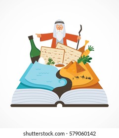 abstract passover story haggadah book over traditional food and Mozes . vector illustration