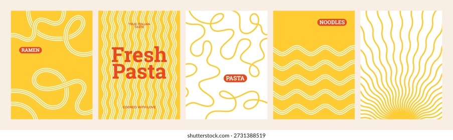 Patrón de línea de pasta Abstractas. Fondo de comida con textura de forma de onda de espagueti amarillo. Fideos de Vector y patrón de Ramen Doodle. Diseño de Paquete de Pasta Italiana. Diseño geométrico moderno con espaguetis fluidos perfecto para menús de restaurantes, carteles de cocina italiana y Anuncios gourmet.
