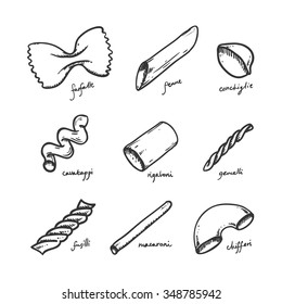 Abstract pasta and macaroni types vector hand drawn icons