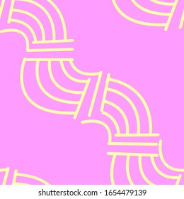 Abstract pasta ornament on pink backdrop. Yellow line maze seamless pattern for wallpaper, textile linen, phone case, bath tile, book cover. Bag, t-shirt, hoody print. Stock vector illustration