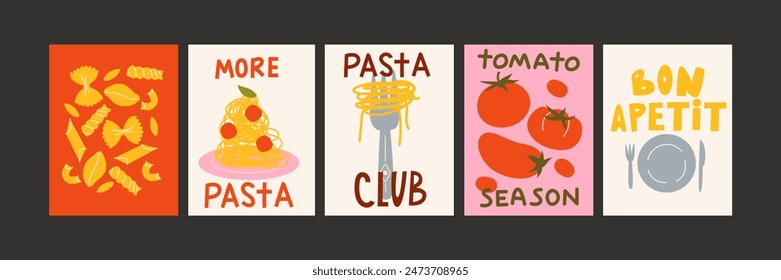 Abstrakte Pasta-Poster mit italienischem Essen für die Küche. Kulinarische Kompositionen im modischen Cartoon-Stil von Matisse. Dekor für Küchen, Cafés und Restaurants. Minimalistische Banner für Wanddeko