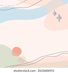 Abstract pastel background with flowing shapes, overlapping layers, sparkles, and hand-drawn lines. Soft vector design ideal for posters, banners, invitations, branding, or web and social media use.