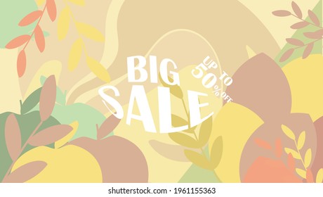 
abstract pastel background with geometric shapes. leaves, apples, lemon. banner for sales. spring, summer and autumn cover.
