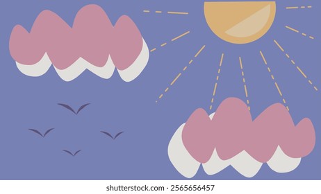 Abstract pastel background. illustration of clouds sun and birds.