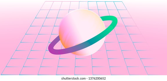 Abstract pastel background with laser grid and alien planet. Vaporwave/ retrowave/ synthpop style illustration for poster or cover.