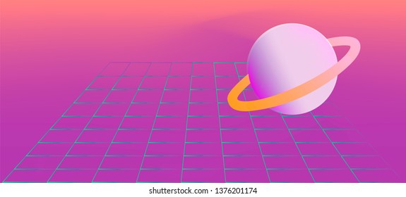 Abstract pastel background with laser grid and alien planet. Vaporwave/ retrowave/ synthpop style illustration for poster or cover.